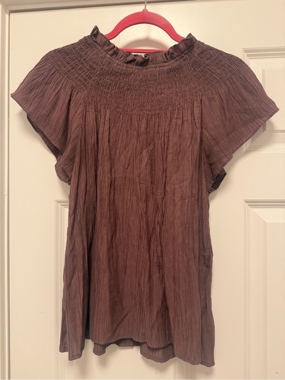 moodie Brown Smocked Neck Flutter Sleeve Top